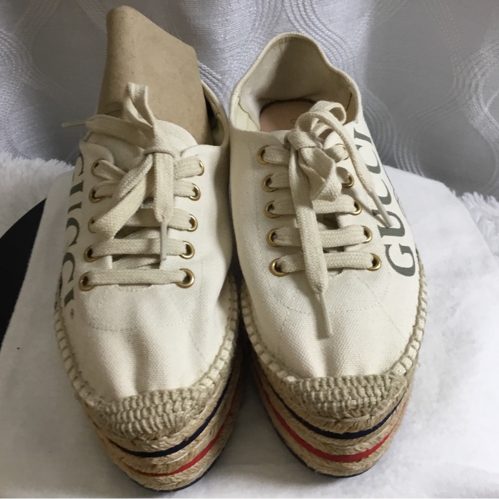 Gucci Cream Canvas Platform Espadrille Sneakers with Web Stripe - Picture 4 of 15